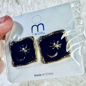 Melody Sun and Moon Black Enamel Gold Tone Stud Earrings